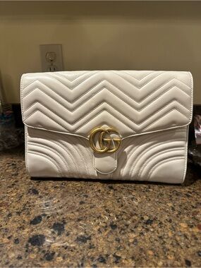 Gucci White Quilted GG Marmont Leather Clutch with Gold Hardware